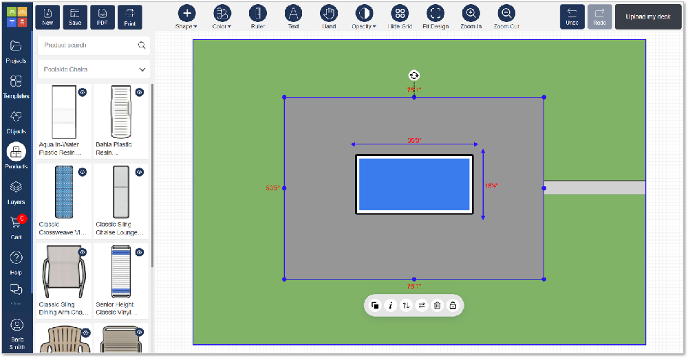 The grid-based workspace displays precise measurements, helping users plan pool deck dimensions and furniture spacing accurately.